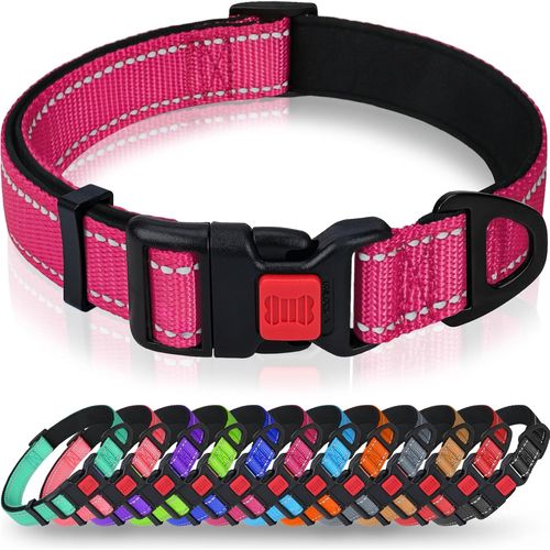 Jgd-Taglory Collier Pour Chien, Collier En Nylon Réfléchissant Réglable Classique Avec Rembourré Doux Respirant Mesh Pour Moyens Chiens, M, Rose Vif