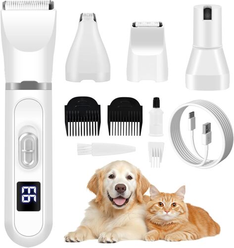 Jgd-4 In 1 Tondeuse Chien Tondeuse Chat Sans Fil Tondeuse Chien Poil Long Epais Professionnelle Silencieuse Tondeuse Avec Ecran Lcd Tondeuse Animaux Pour Pattes Yeux Oreilles Visage Corps Griffes (Bl