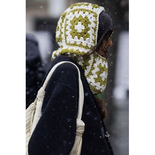 Capuche Cagoule Crochetée À La Main Vert Olive & Blanc – Pièce Unique – Balaclava Vintage Handmade