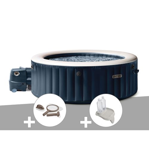 Kit spa gonflable Intex PureSpa Blue Navy rond Bulles 4 places + Kit d'entretien + Porte-verre
