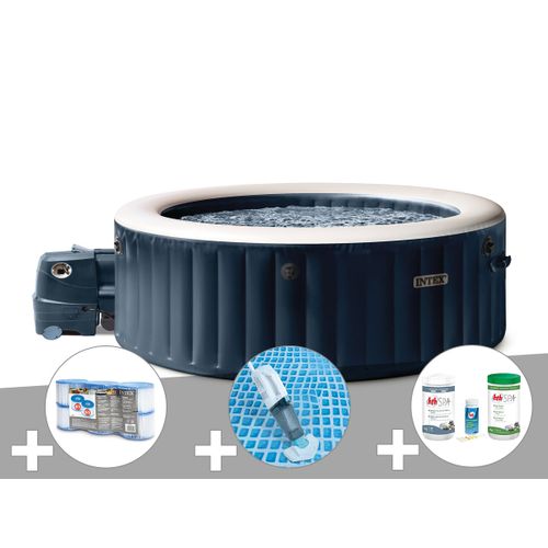 Kit spa gonflable Intex PureSpa Blue Navy rond Bulles 4 places + 6 filtres + Aspirateur + Kit de traitement brome