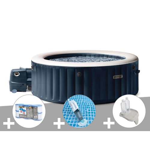 Kit spa gonflable Intex PureSpa Blue Navy rond Bulles 6 places + 6 filtres + Aspirateur + Porte-verre