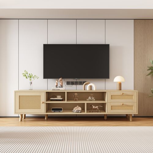 Meuble TV rotin 160cm - gestion câbles, 2 tiroirs + 1 porte (pour 70")