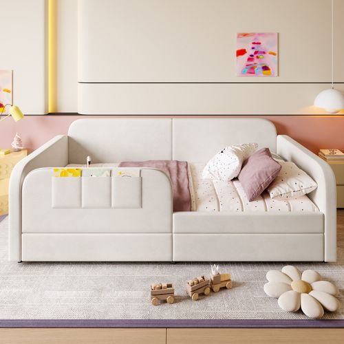Lit enfant convertible, lit rembourré, canapé-lit avec structure métal, 3 poches de rangement, 2 tiroirs, velours+MDF+contreplaqué, blanc, 90x200cm