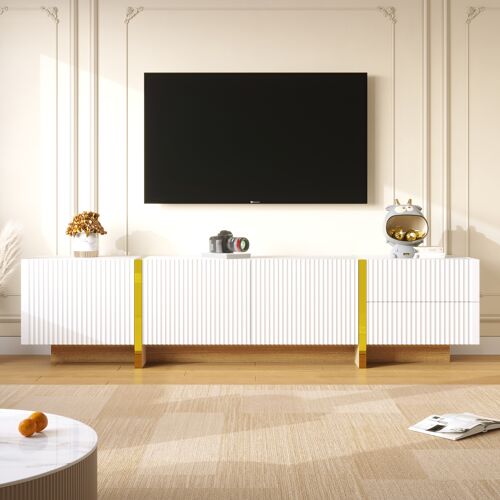 Meuble TV, 190cm, 3 portes, 2 tiroirs, blanc avec dorures et veinure bois