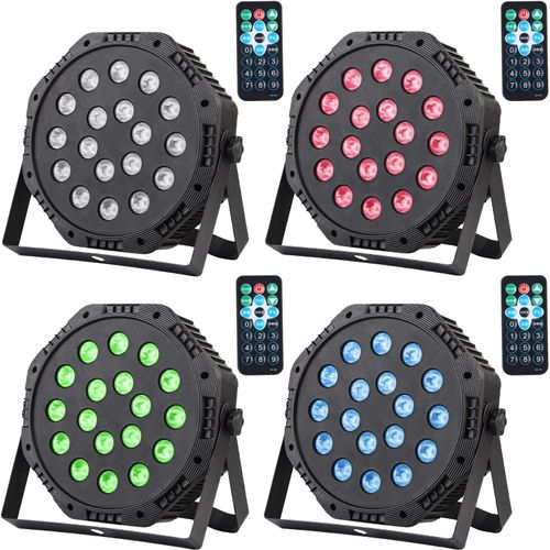 4Pack Par LED Projecteur Lumière 18LED RGB 3-en-1 Phare Par Lampes Intégrée avec Télécommande, 7 Couleurs Lumière Disco via Contrôle DMX512 Auto/Son/Maître Esclave Éclairage de Scène pour Fête Mariage