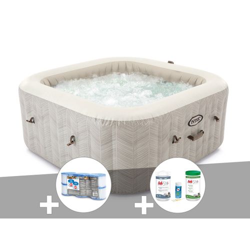 Kit spa gonflable Intex PureSpa Chevron carré Bulles 6 places + 6 filtres + Kit de traitement brome