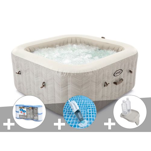 Kit spa gonflable Intex PureSpa Chevron carré Bulles 6 places + 6 filtres + Aspirateur + Porte-verre