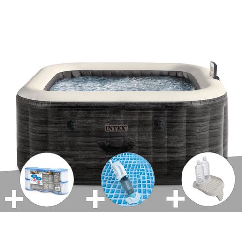 Kit spa gonflable Intex PureSpa Ardoise carré Bulles 4 places + 6 filtres + Aspirateur + Porte-verre