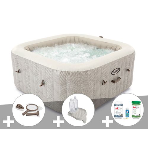 Kit spa gonflable Intex PureSpa Chevron carré Bulles 6 places + Kit d'entretien + Porte-verre + Kit de traitement brome