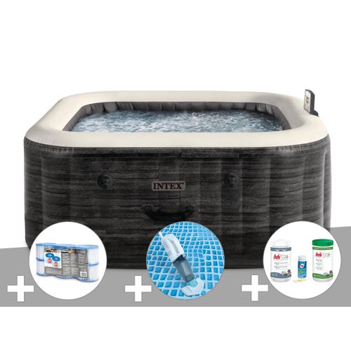 Kit spa gonflable Intex PureSpa Ardoise carré Bulles 4 places + 6 filtres + Aspirateur + Kit de traitement brome