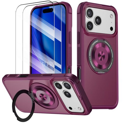 Coque + 2 Verres Trempés pour iPhone 17 Pro, Silicone Souple PC Rigide avec Anneau Magnétique Rotatif Rouge
