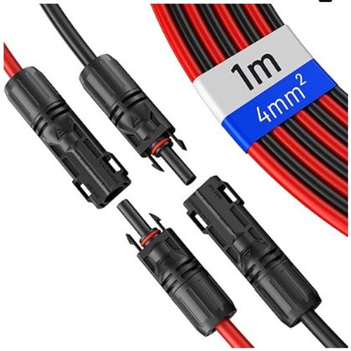 Rallonge de câble solaire HB-Digital 4 mm²/6 mm² pour systèmes photovoltaïques, avec prises et fiches, câble rouge et noir.