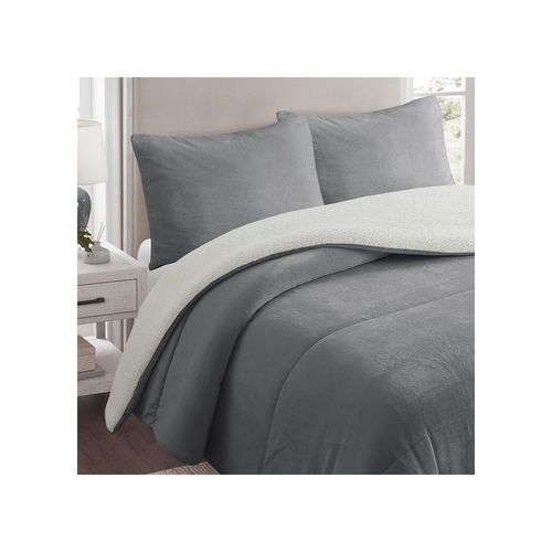 Couette Polaire Microfibre Doublé Sherpa 240x260 Cm Bicolore Gris Clair, Par Soleil D'ocre