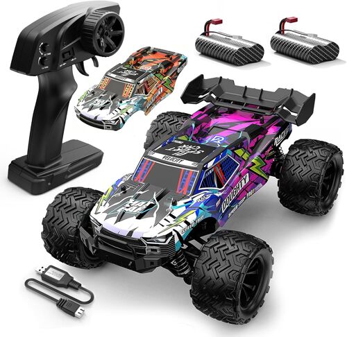 Voiture Télécommandée pour Enfant, 1/16 Voiture Radiocommandée Tout Terrain avec 2 Carrosseries, 2 Piles 40+ Min Play, 2,4 GHz Offroad RC Car Monster Truck, Jouet Cadeau Véhicules pour Enfants 6+ Ans