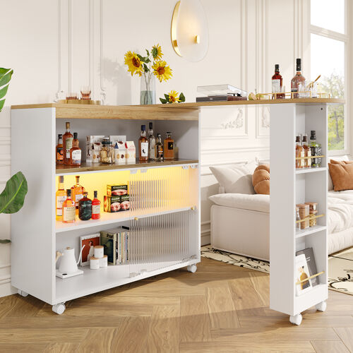 Table-bar télescopique avec LED, 138-204x39x105cm, rangement, blanc