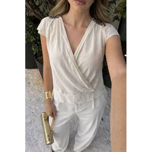 Blouse Maje 100% Soie Crème À Épaulettes – Blouse Soie Élégante Chic S / 36