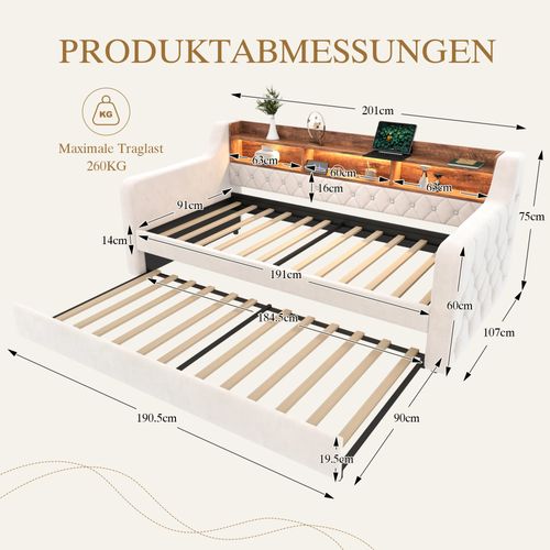 Canapé-lit compact 90x190cm, velours, LED, USB-C, sommier 12 lattes, structure métal/bois, beige