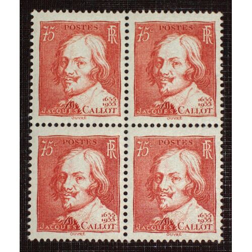 France N° 306 Neufs Sans Charnière De 1935 - 75c Rouge-Brique « Tricentenaire De La Mort Du Graveur Jacques Callot » En Bloc De 4 Timbres - Cote 88 Euros