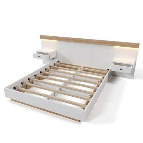 Lit double 180x200cm avec tables de nuit LED/USB-C, chêne/blanc (205x284x90.5cm)