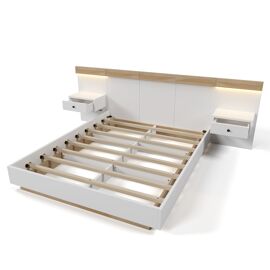 Lit double 180x200cm avec tables de nuit LED/USB-C, chêne/blanc (205x284x90.5cm)