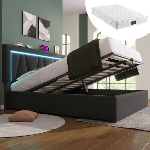 Lit double 160x200cm, LED/USB-C, rangement, tissu lin (avec matelas)