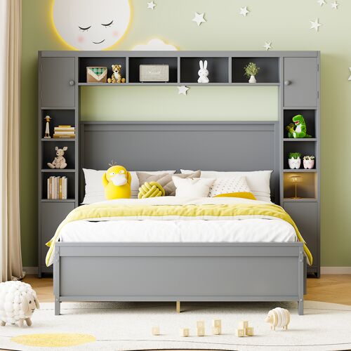 Lit double 140x200cm, 4 tiroirs/rangement, bois massif, sommier, gris