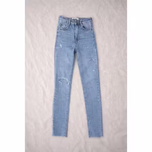 Jean Slim Taille Haute Bleu Clair Zara ¿ Xxs / 32 ¿ Effet Destroy ¿ Y2k