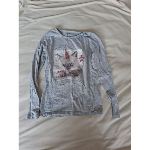 T-Shirt Manche Longue Gris Claire, Avec Dessin De Chat, Taille 12 Ans, Marque Gémo, En Très Bon État
