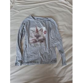 T-Shirt Manche Longue Gris Claire, Avec Dessin De Chat, Taille 12 Ans, Marque Gémo, En Très Bon État