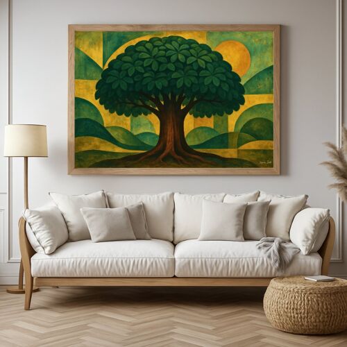 Art Mural Représentant Un Arbre De Vie Majestueux Sur Fond Vert Et Ocre. Affiche Murale Apaisante Et Élégante, Pour Salon Ou Espace De Vie, Invitant À L’Équilibre Et À L’Ancrage - 70x100 Cm.