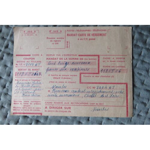 Mandat-Carte Postal Ancien Document