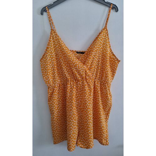 Combishort Fluide À Bretelles Moutarde À Fleurs Blanches