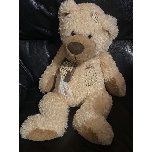Tres grande peluche ours doudou beige marron echarpe rayée ksd 43cm