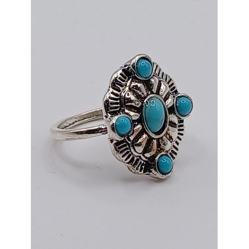 Bague Métal Argenté,Fleur Et Strass Turquoise,Taille 18.47 Mm
