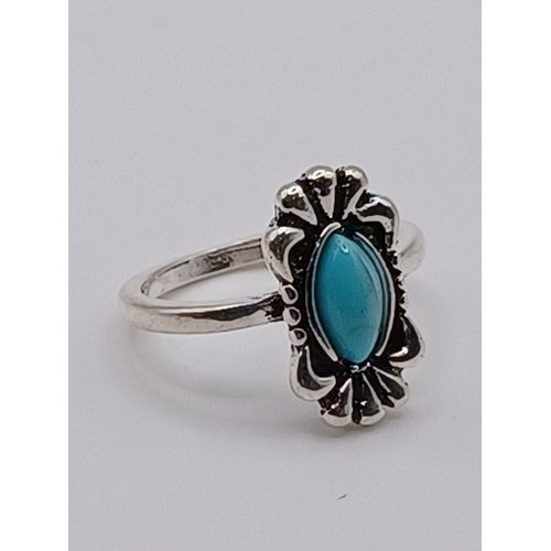 Bague Métal Argenté,Strass Ovale Turquoise,Taille 17.20 Mm