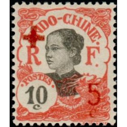 Indochine, Colonie Française 1914 / 1915, Très Beau Timbre Neuf** Luxe Yvert 65, Type Femme Annamite 10c. Noir Et Vermillon, Surchargé Croix Rouge Et "5c".