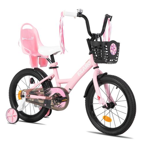 Vélo Enfant Fille 16 Pouces Keano Zinnia Stabilisateurs Panier Et Siège De Poupée Rose