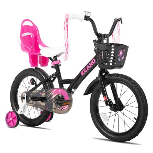 Vélo Enfant Fille 16 Pouces Keano Zinnia Stabilisateurs Panier Et Siège De Poupée Noir