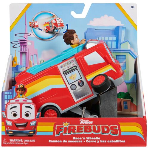 Disney Junior Firebuds, Camion de pompier Bo et Flash à rétrofriction et roue arrière, jouets pour filles et garçons à partir de 3 ans