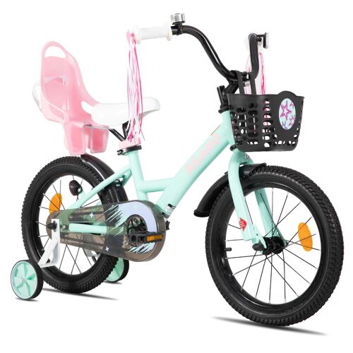 Vélo Enfant Fille 20 Pouces Keano Zinnia Stabilisateurs Panier Et Siège De Poupée Vert