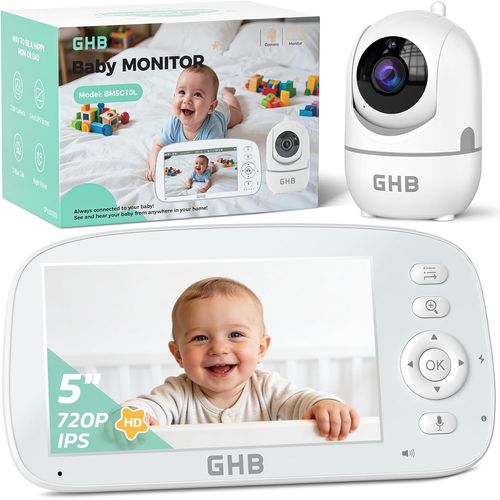 Ghb Babyphone Camera Bebe Surveillance Rotation De 350°/110° Baby Phone Écran De 5" 2,4 Ghz Vox Mode Capteur De Température Communication Bidirectionnelle 5 Berceuses Vision Nocturne Sans Wifi