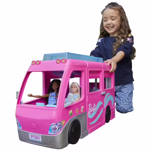 Barbie Dream Camper - Camping-Car Transformable - 7 Zones de Jeu - 60 Accessoires - Avec Toboggan, Piscine, Pick-Up, Bateau pour Poupées - 76 cm  Dès 3 Ans, HCD46