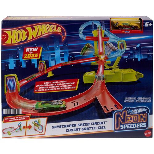 Hot Wheels Action Hot Wheels-Neon Speeders-Circuit Gratte-Ciel-Coffret Avec 1 Voiture