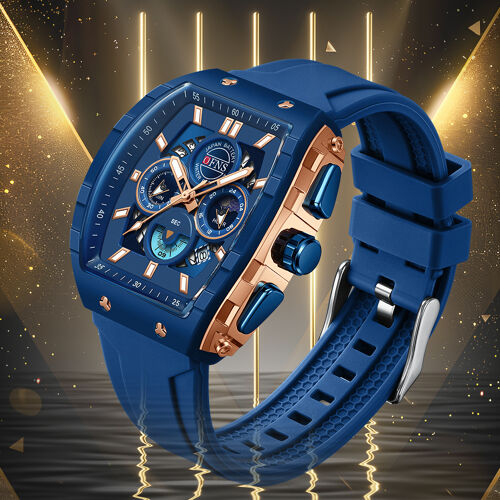 Chronographe Quartz Pour Homme Avec Calendrier. Cadran Bleu Rehaussé D'accents Rose Et Or, Trois Sous-Cadrans.