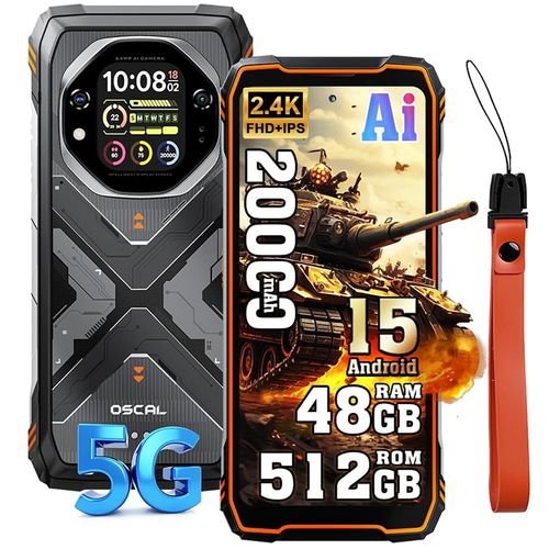 Oscal TANK 1 5G Téléphone Portable Incassable 20000mAh Smartphone Android 15, 6.78" 2.4K 48Go+512Go 64MP NFC Dual SIM GPS - Orange
