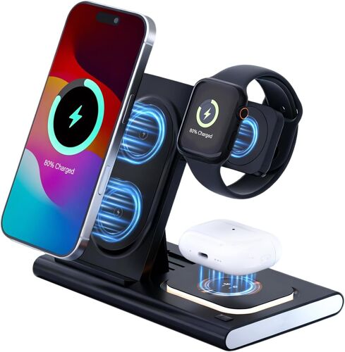 JGD-Chargeur sans Fil 15W,Station 3-en-1 Compatible iPhone17/16/15/14/13/12/11 Pro Max Plus, AirPods Pro 4/3, Watch Ultra 10/9/8/7/6/5/4/3 (sans Prise, câble 1m Inclus)