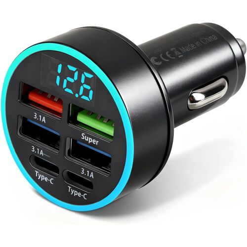 JGD-Chargeur Allume Cigare USB C, 66W 6 Ports Chargeur Voiture Rapide, 3.1A+Type C+Super Prise Adaptateur avec LED Voltmètre Compatible avec iPhone 17 16 15 Max Pro, Samsung Galaxy S24 S23 S21 Ultra
