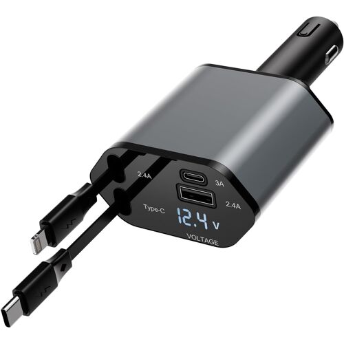 ELVORIX-Chargeur Allume-Cigare 4-en-1 120 W avec Câbles Rétractables, USB-C PD & QC 3.0, Charge Rapide pour iPhone 16/17/15/14/13, Samsung, iPad, Tablette et SUV (Modèle Amélioré)