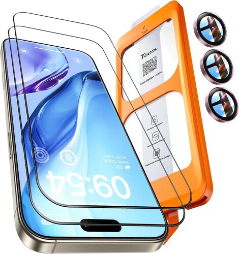 JGD-2 Pièces Verre Trempé pour iPhone 16 Pro Max avec Protection Objectif, Dépoussiérage Automatique, Sans Bulles, 9H Couverture Complète Protection, Coques de Téléphone Compatibles, Rose
